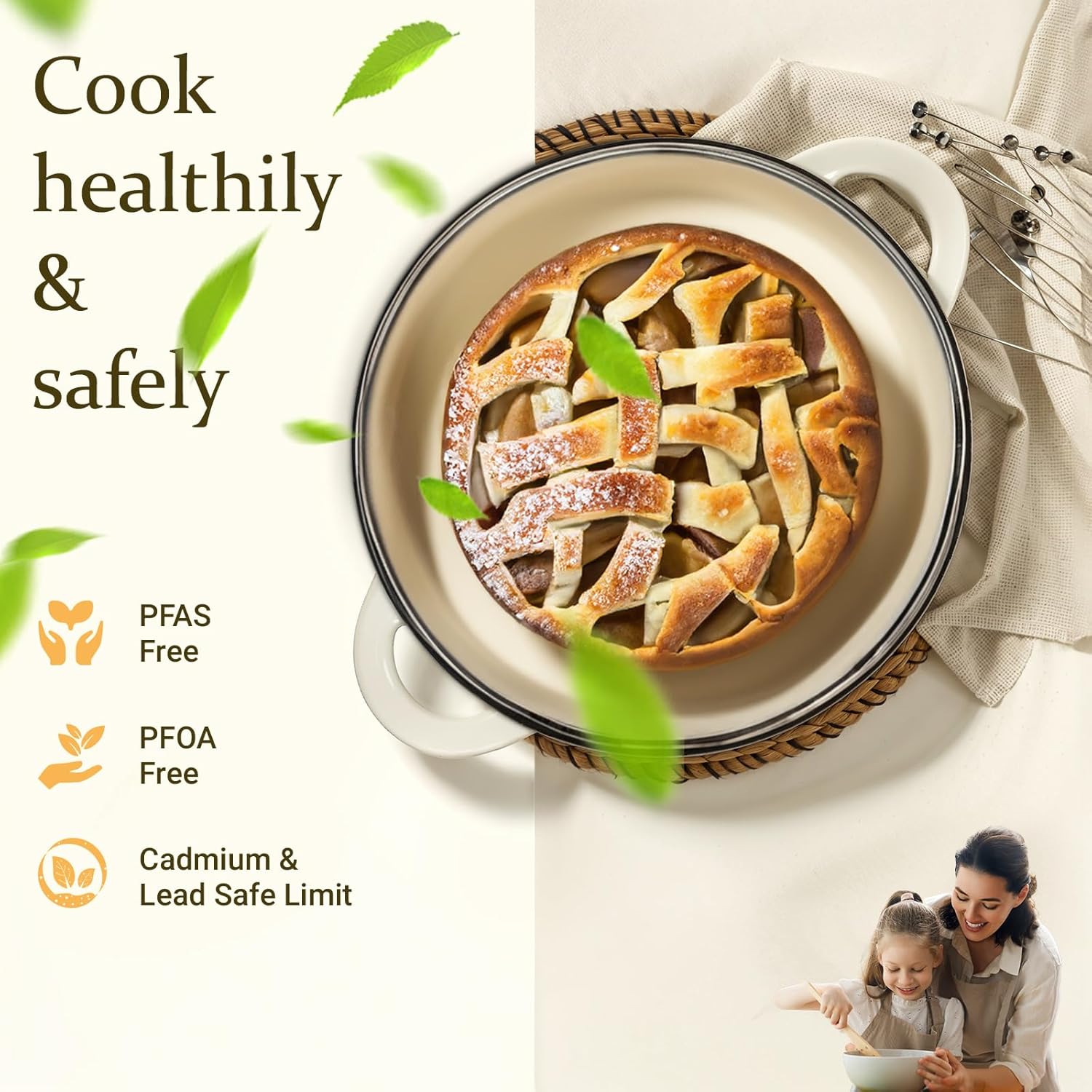 Overmont Enameled Cast Iron Dutch Oven - 7QT Heavy-Duty Pot with Lid & Potholders | Cream White for Braising & Baking