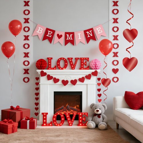 GIFTODAY 21Pcs Valentine's Day Decorations Set - Pre-Assembled BE MINE Banner with Heart Swirls & XOXO Garlands, Romantic Party Decor for Engagement Wedding Anniversary Party