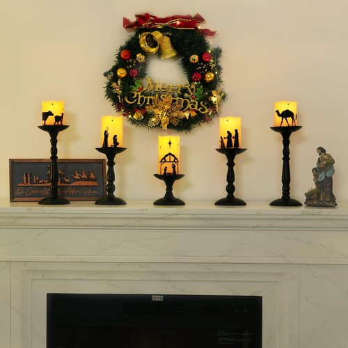 Homemory Flameless LED Pillar Candles - Battery Operated Nativity Scene Decor | 5 Pack with Remote Timer