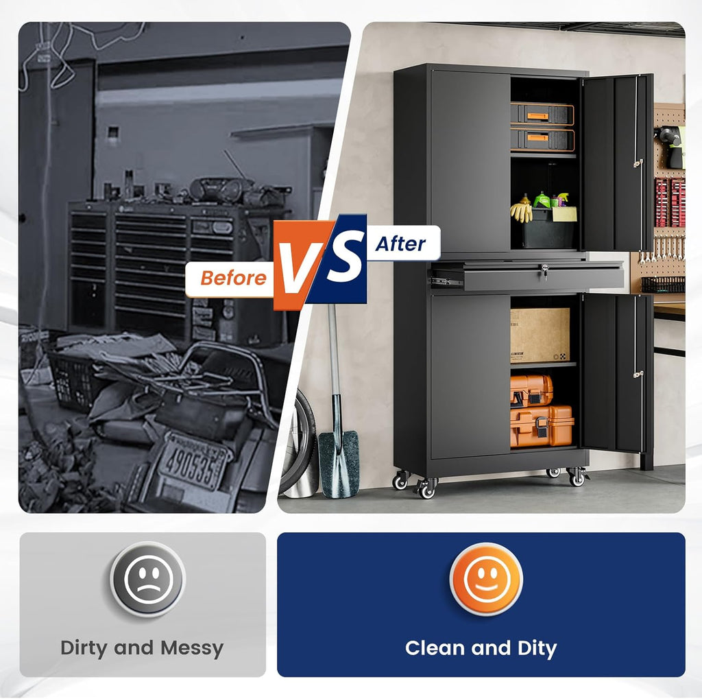 Yizosh Metal Garage Storage Cabinet - Locking Doors & Adjustable Shelves | 73" Rolling Tool Cabinet (Black)