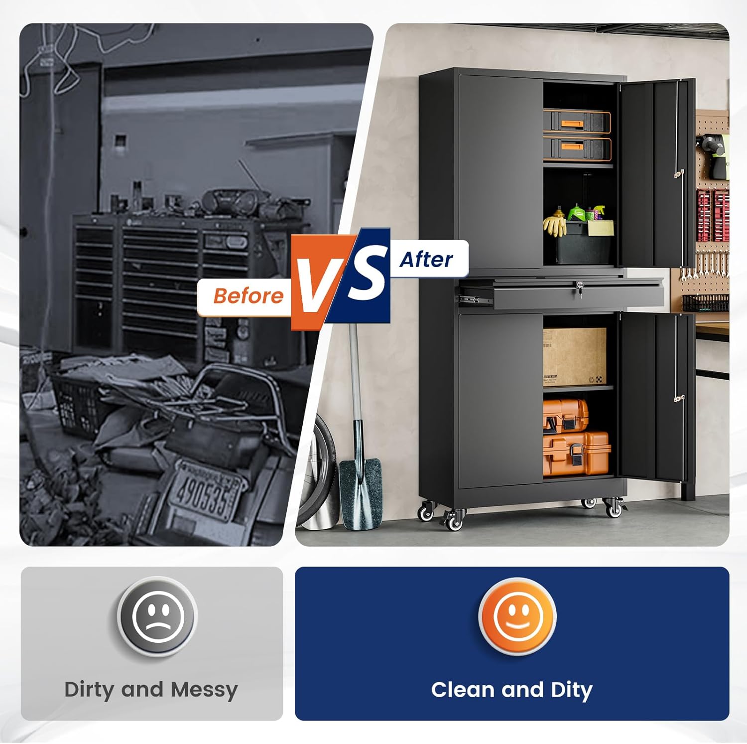 Yizosh Metal Garage Storage Cabinet - Locking Doors & Adjustable Shelves | 73" Rolling Tool Cabinet (Black)
