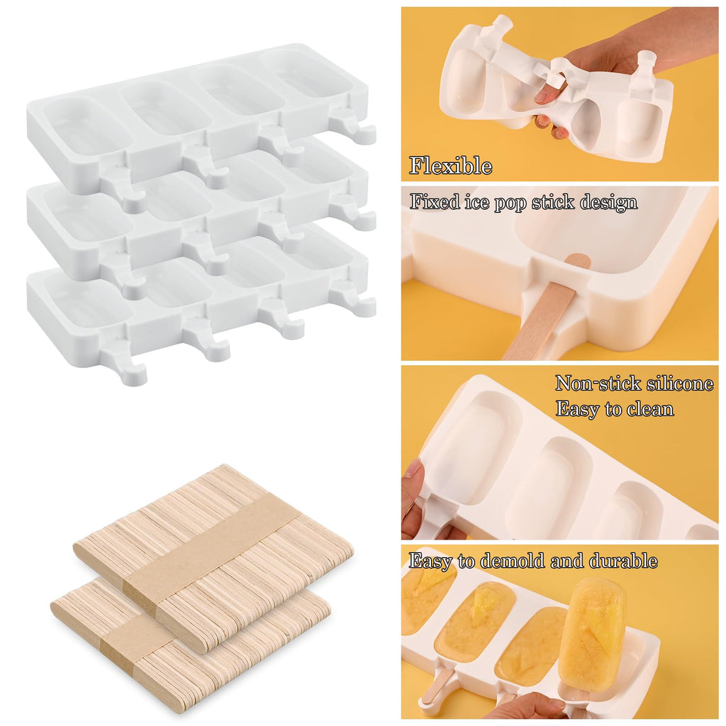 Sakolla Mini Popsicle Silicone Molds, 4 Cavities Homemade Ice Cream Molds with 100 Wooden Sticks for Ice Pop, Cakesicles, Cake Pop (Set of 3, White)