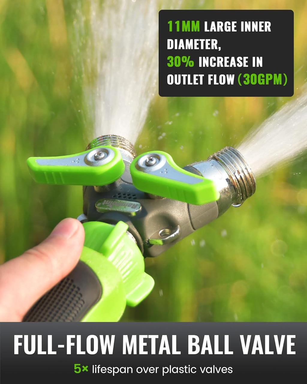 RAINPOINT 2-Way Garden Hose Splitter - Heavy Duty Metal Body with Shutoff Valves | 1.9" Long Handle, Green