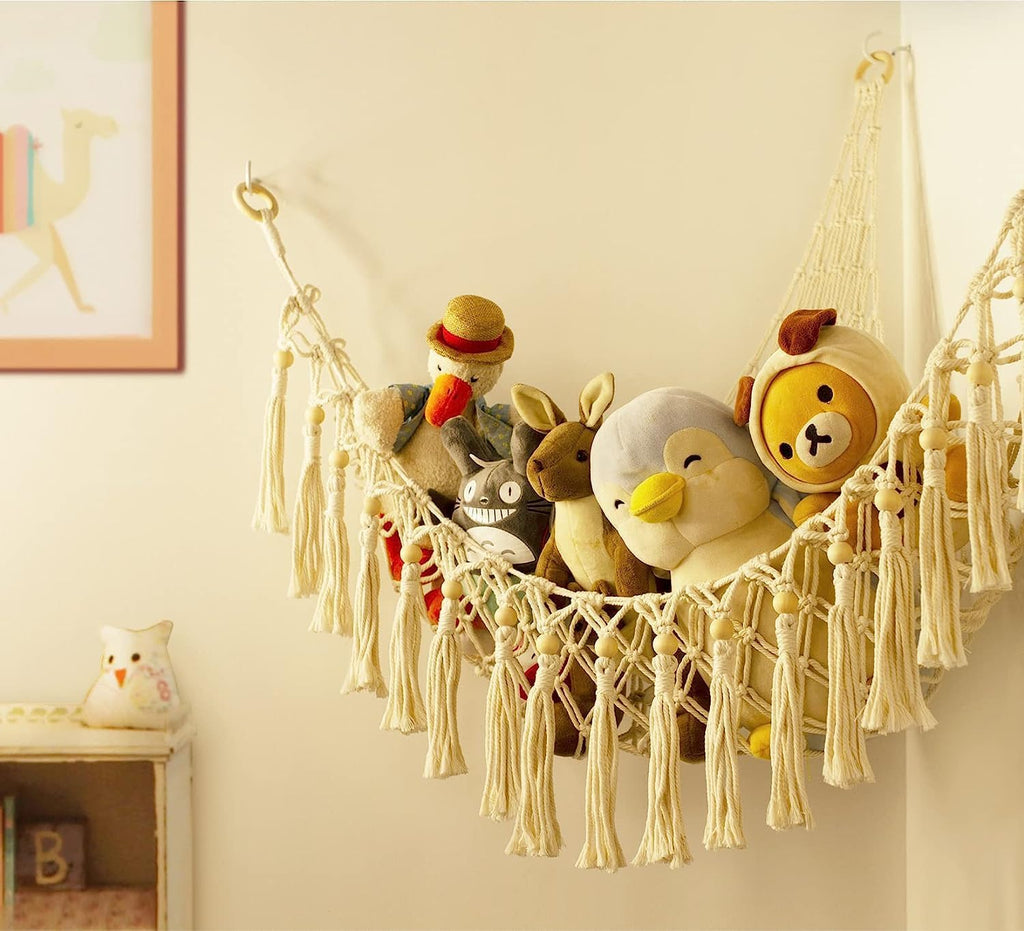 Skiennix Stuffed Animal Toy Storage Hammock with LED Light | Jumbo Macrame Plushie Organizer for Kids' Room Decor