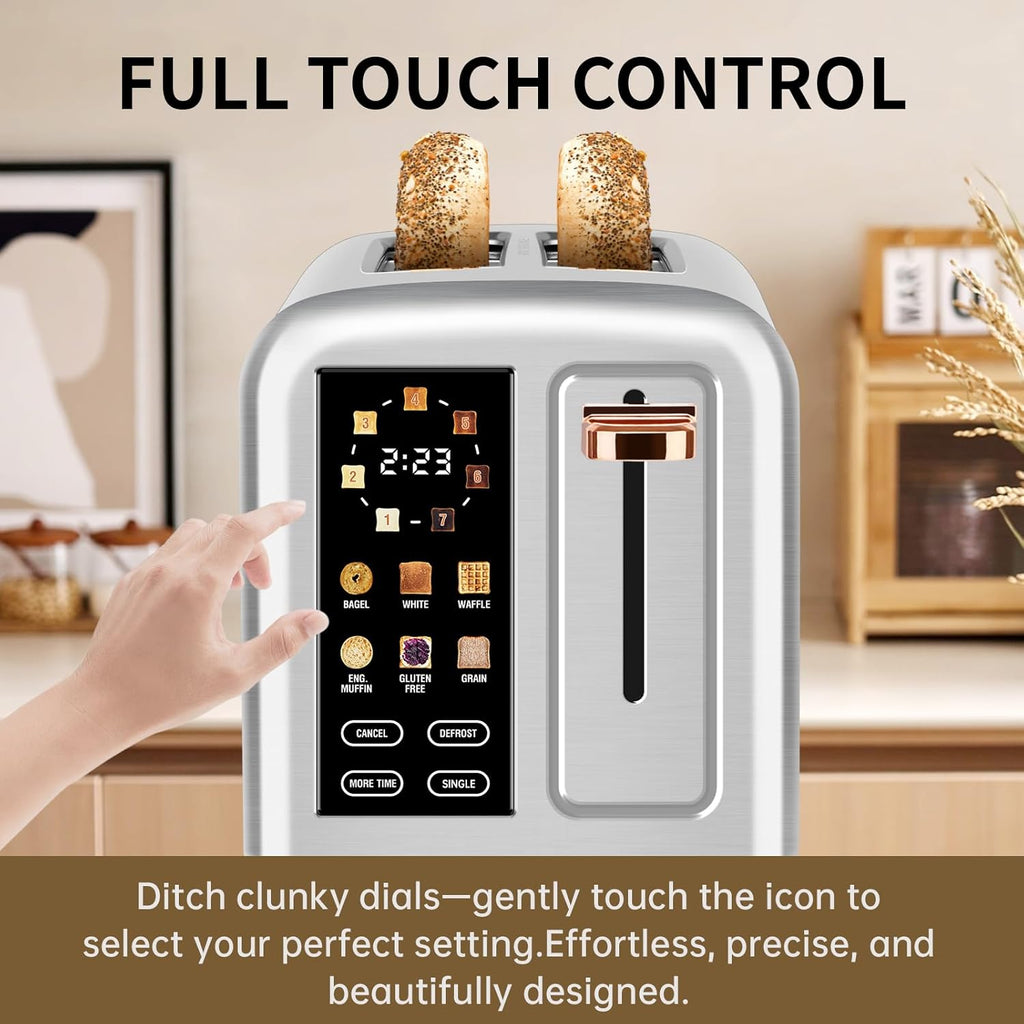 SEEDEEM 2-Slice Toaster - Touch Screen LCD Display, Fast Heating, Stainless Steel, 1.5" Wide Slots, Silver