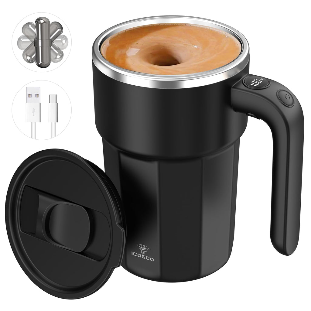 Self Stirring Mug, 12oz Electric Mixing Cup, Cream | Rechargeable, Gift for Coffee Lovers & Office Use(Black)