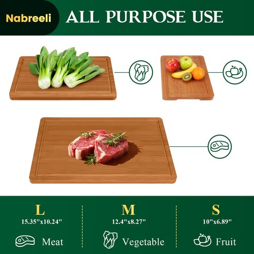 Bamboo Cutting Board Set, Wood Chopping Boards with Juice Groove & Non-Slip Feet, Large Wooden Boards for Meat, Cheese Charcuterie, Kitchen Gifts for Mom