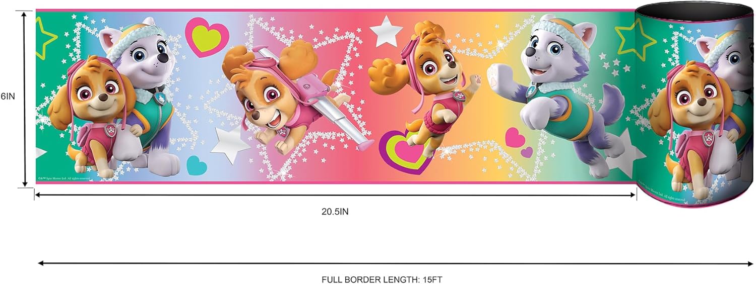 RoomMates Paw Patrol Skye & Everest Peel & Stick Wallpaper Border - Fun Kids' Room Decor