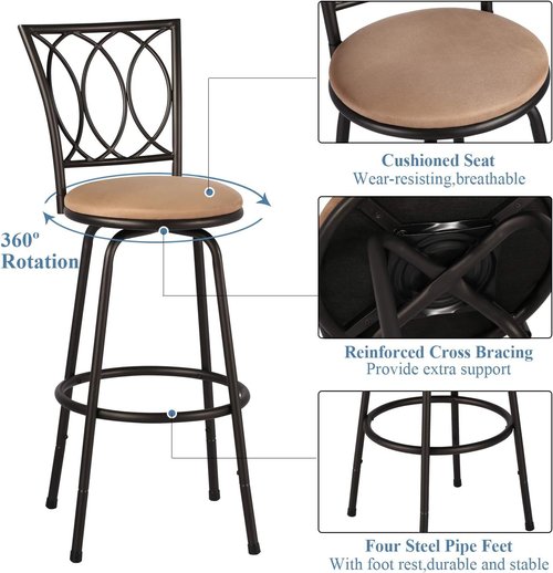 VECELO Bar Stools, 24/29" Adjustable Barstool,Swivel Counter Stool with Upholstered Seat,Steel Bistro Pub Chairs, Curved Line Backrest, Set of 2