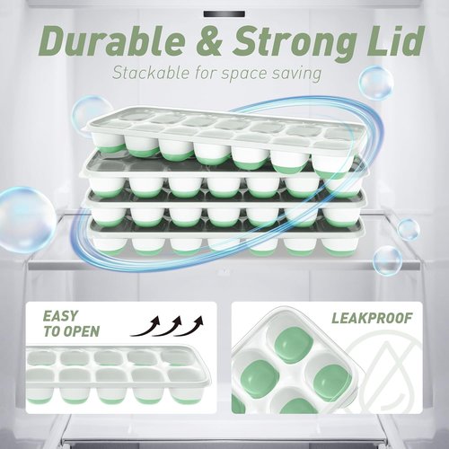 ChefAide Ice Cube Tray - Durable Stackable Design with Removable Lids | 4 Packs, 56 Cubes for Easy Release