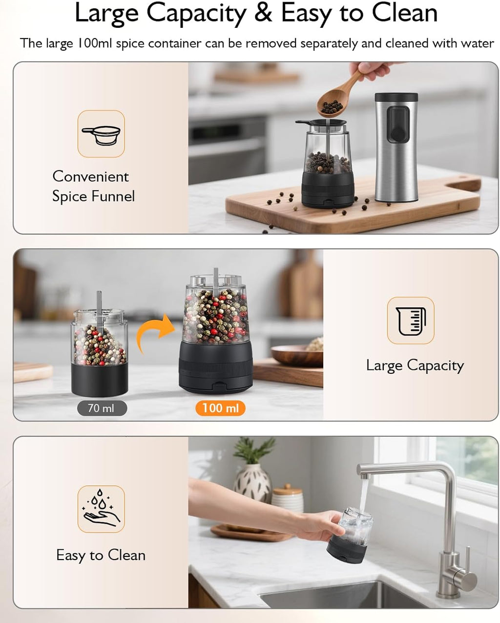 Skiennix Electric Salt and Pepper Grinder Set - Rechargeable, 2-Speed, Adjustable Coarseness, Stainless Steel