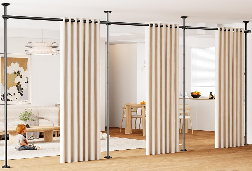 BONPALLY Room Divider Curtain Rod for Wide Space Room Separation, 28-171inch(W) 4-10ft(H) Adjustable No Drilling Tension Curtain Rods, Heavy Duty Temporary Privacy Wall Divider, Black