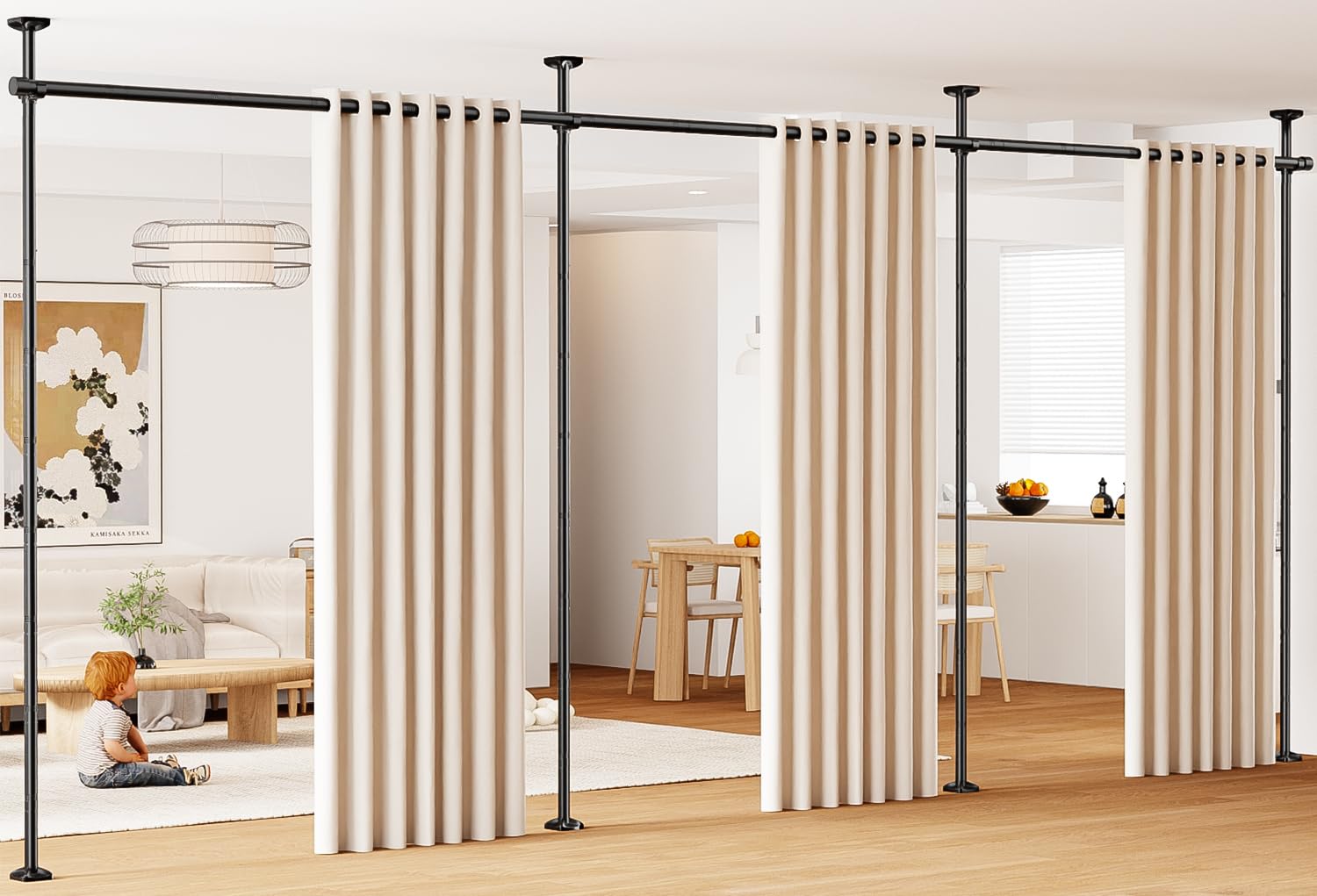 BONPALLY Room Divider Curtain Rod for Wide Space Room Separation, 28-171inch(W) 4-10ft(H) Adjustable No Drilling Tension Curtain Rods, Heavy Duty Temporary Privacy Wall Divider, Black