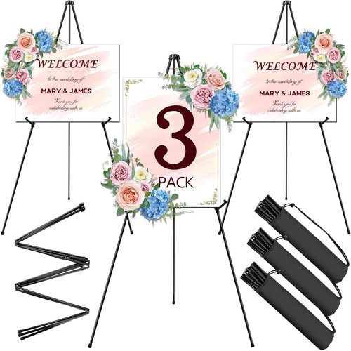 AROIC 63" Portable Metal Easel Stand - Adjustable Floor Easels for Signs & Art | 3 Pack with Storage Bags