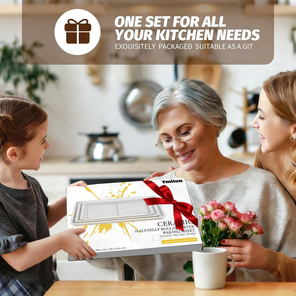 Skiennix Nonstick Ceramic Baking Sheet Set - 3-Pack Half/Jelly Roll/Quarter Pan | Oven Safe 550°F, Dishwasher Safe, Non-Toxic