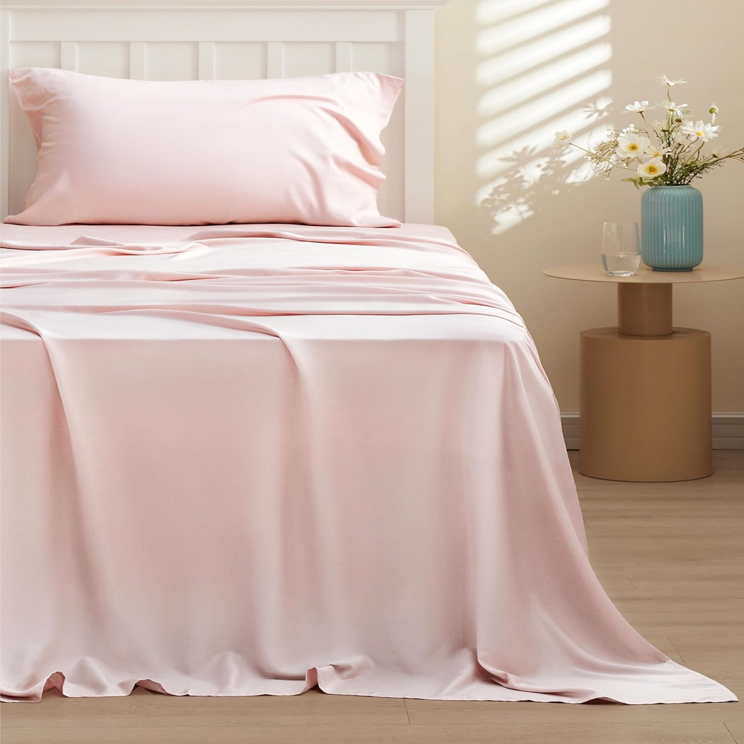 Bedsure Cooling Twin Sheets - Breathable & Soft Rayon from Bamboo | Deep Pocket Up to 16 Inches, Pink