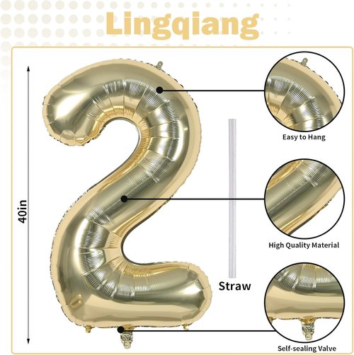 Champagne Gold Number 2 Balloon - 40 Inch Large Foil Helium Balloon for 2nd Birthday & Graduation Celebrations