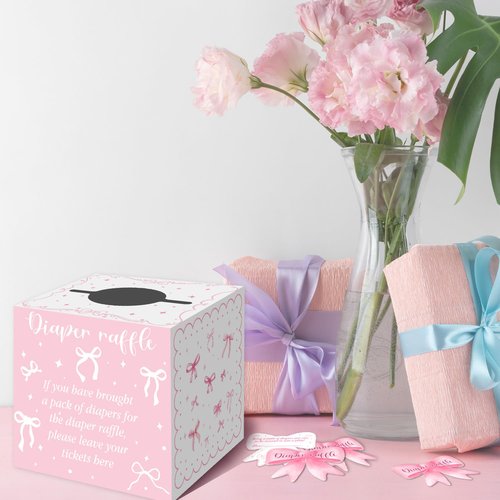 Pink Bow Baby Shower Decorations, Diaper Raffle Box for Baby Shower with 50PCS Cards Kids' Party Banners Game for Girl, Pink Bow Baby Shower Decorations Baby Shower Raffle Tickets