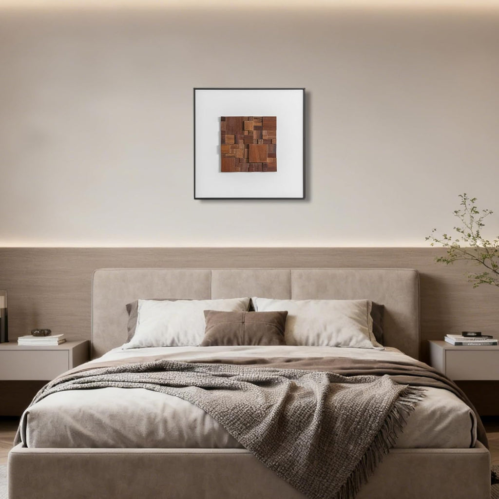 Regine Switzerland 3D Wood Textured Large Framed Abstract Wall Art - Modern Geometric Design, Brown, 24”H x 24”W