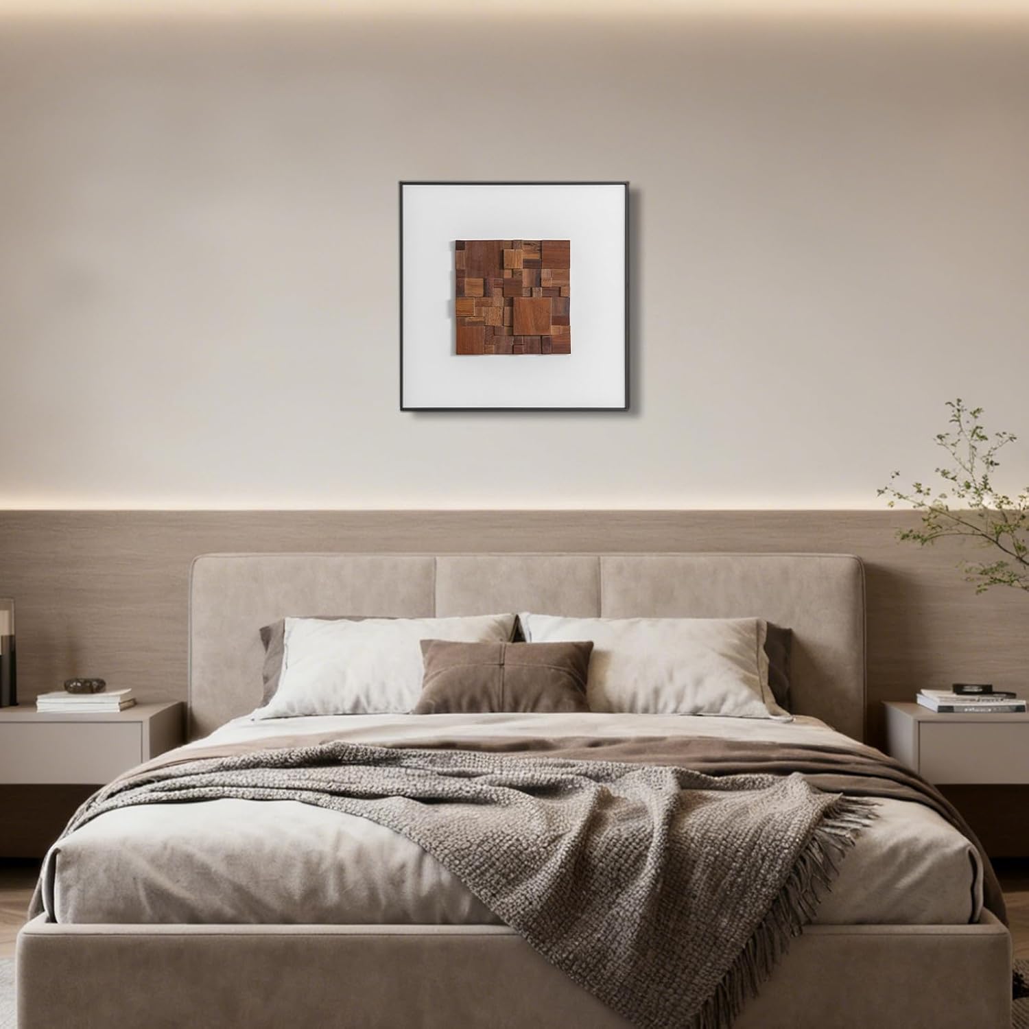 Regine Switzerland 3D Wood Textured Large Framed Abstract Wall Art - Modern Geometric Design, Brown, 24”H x 24”W