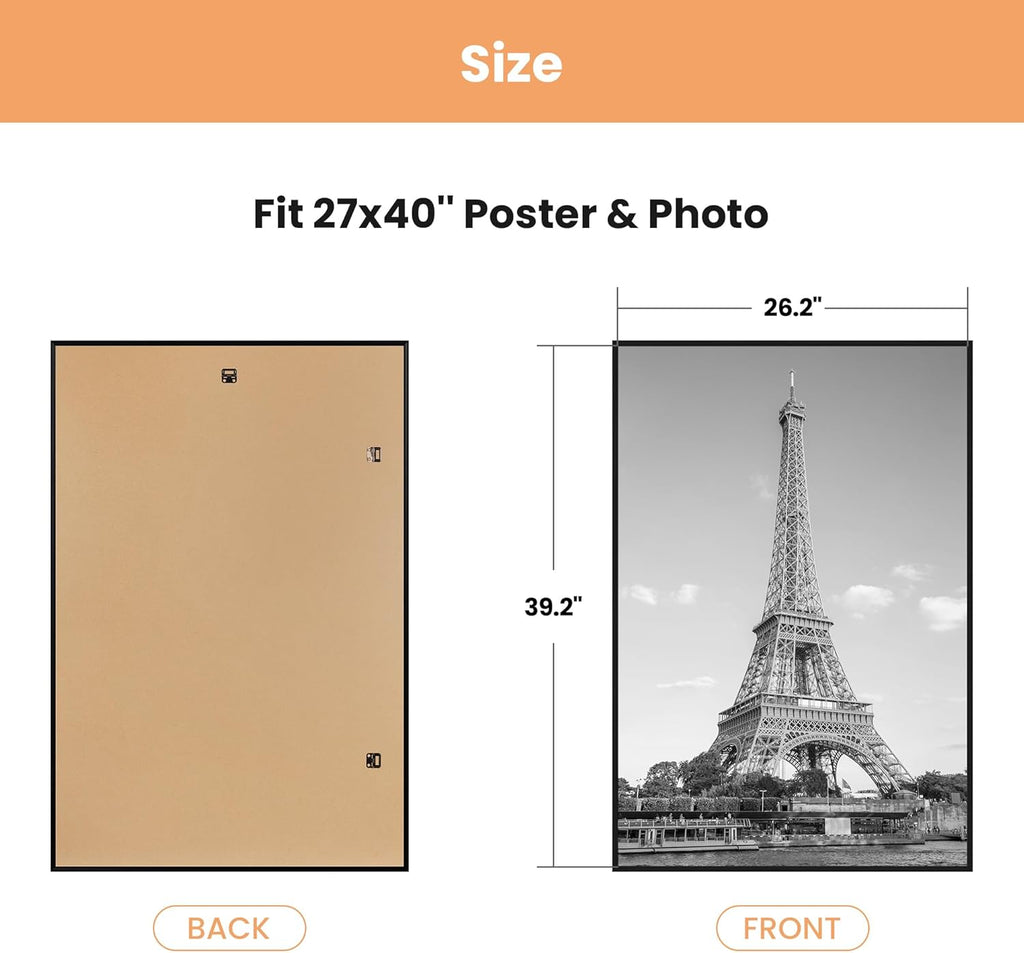 Upsimples 27x40 Inch Black Poster Frame - Scratch-Proof Picture Frames for Photo Gallery | Horizontal & Vertical Mounting (3 Pack)
