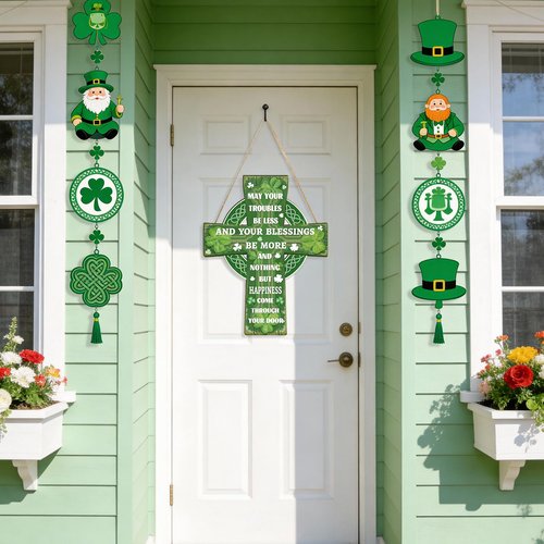 YGEINIT St Patrick's Day Door Wreath Decorations Happy Wooden St. Patrick's Day Sign Cross Lucky Shamrock Clover Irish Blessing Spring Decor for Wall Outdoor Home Party Living Room Decoration