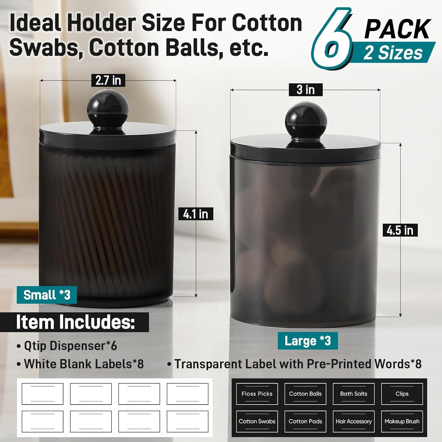 Skiennix Acrylic Qtip Holder Dispenser - 6 Pack Clear Canister Set for Cotton Swabs & Makeup Storage