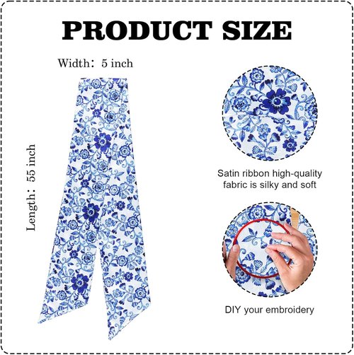 Chinoiserie Wreath Sash - Blue Floral Ribbon Decor for Front Door | 55x5 Inch Indoor/Outdoor Bow