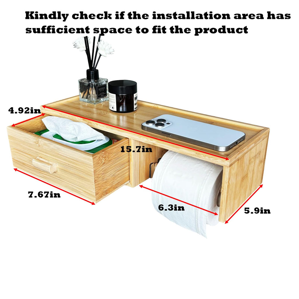 Bamboo Toilet Paper Holder with Shelf,Wall Mount Bathroom Holder with Wet Wipes Storage Drawer(Natural)