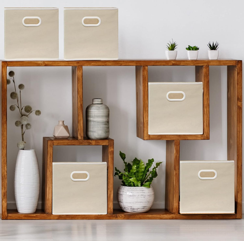 Simple Houseware Foldable Cube Storage Bins - 11-Inch Beige Fabric Organizers | 6-Pack with Handles