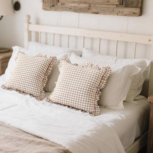 Kathfly 2 Pcs Taupe/White Plaid Ruffle Throw Pillow Covers Farmhouse Checkered 20'' x 20'' Washed Cotton Pillowcases Couch Gingham Pillow Shams for Living Room Bed, No Inserts