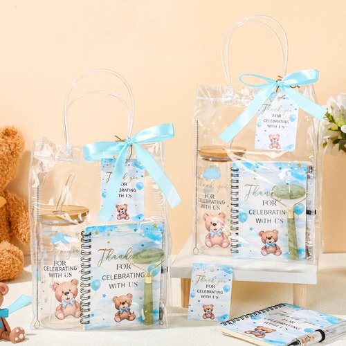 Reallnaive 6 Set Bear Baby Shower Game Prizes for Player Winners Tumblers with Lids Straws Roller for Face Pens Spiral Notebooks Gift Bags for Baby Bridal Shower Wedding Game Favors