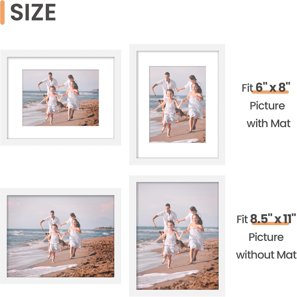 Upsimples 8.5x11 Picture Frame Set of 5 - Versatile Wall Gallery Frames for 6x8 or 8.5x11 Photos | White