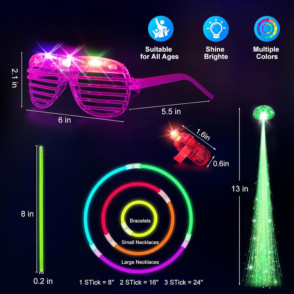SHQDD Glow in the Dark Party Supplies - 158 PCS Set with LED Glasses, Finger Lights & Glow Sticks
