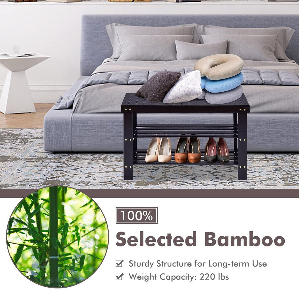 COSTWAY 3-Tier Shoe Rack Bench, Free Standing Wood Entryway Shoe Storage Organizer, Bamboo Storage Shelf for Shoes,Ideal for Home Entryway, Hallway