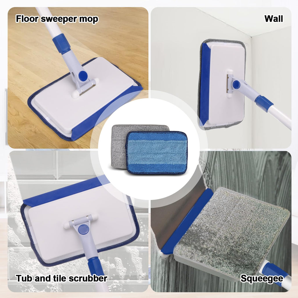 Qaestfy Baseboard Cleaner Tool with Handle, Wall Floor Mop with Extendable Long Handle Duster for Cleaning Window, Floor, Skirting Board, Ceiling, Shower, Tub Tile, Kitchen with 6 Reusable Pads
