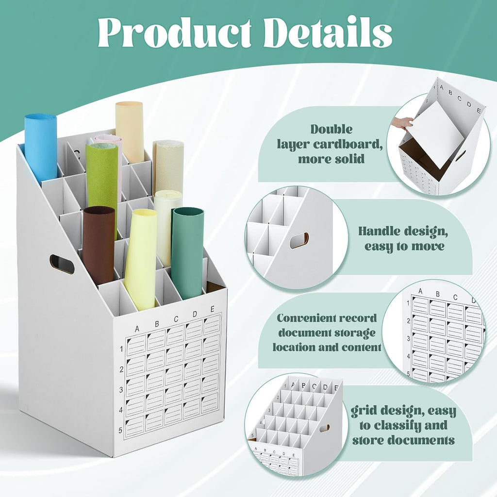 Menkxi Vertical Blueprint Storage Organizer - 2 Pack 25 Slot Roll File Holder | Corrugated Cardboard with Labeling Grid