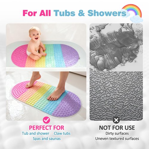 Joiyota Push Pop Bubble Bath Mat for Kids,Rainbow Large Non-Slip Silicone Tub Mat with Strong Suction Cups for Toddler,33x17.3 Inch Waterproof Shower Mat for Bathtub, Sensory Bath Pad with Drain Holes