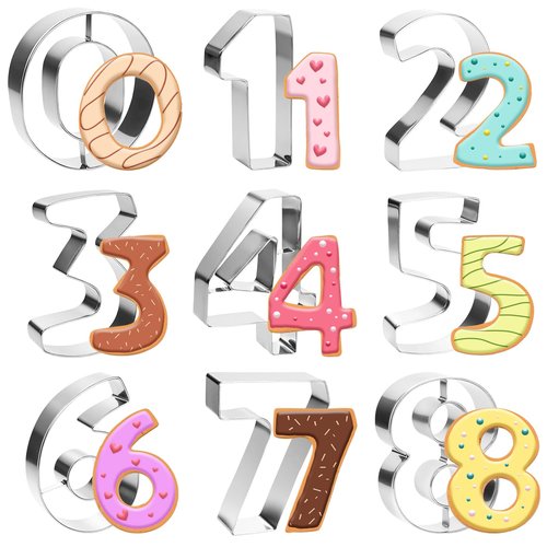 9 PCS Number Cookie Cutters Set, 3 Inches 0-8(6 Reverses to 9) Stainless Steel Cookie Cutters, Numbers Shaped Cake Decorating Tools for Home Baking, Party Favors (Number)