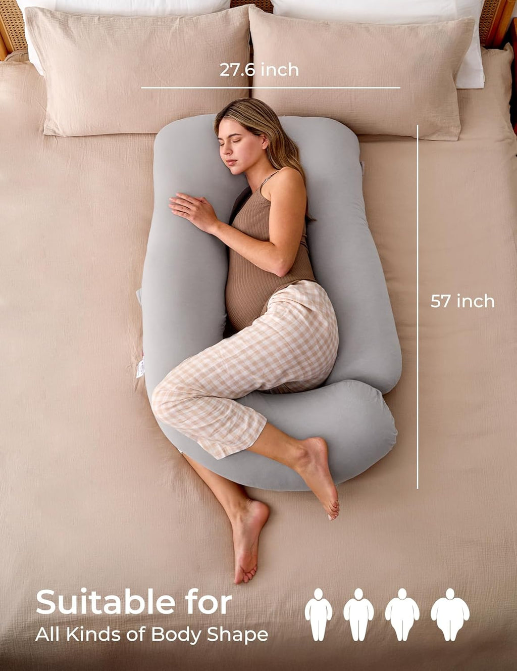 Momcozy U Shaped Pregnancy Pillow - Full Body Support with Removable Jersey Cotton Cover, 57 Inch, Grey