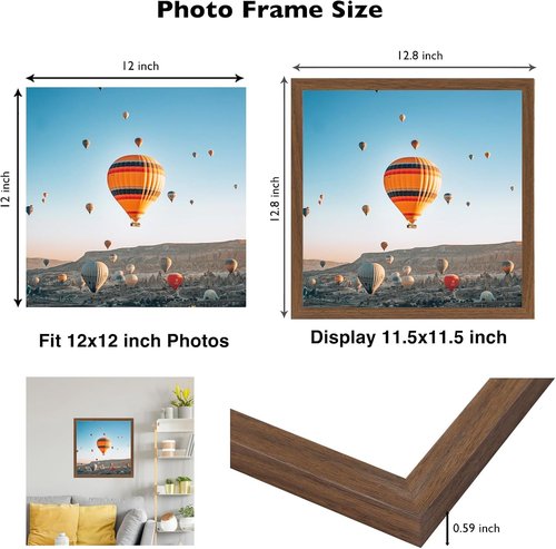 JCJMY 12x12 Inch Picture Frame - Versatile Horizontal & Vertical Wall Display | Shatter-Resistant Plexiglass, Brown