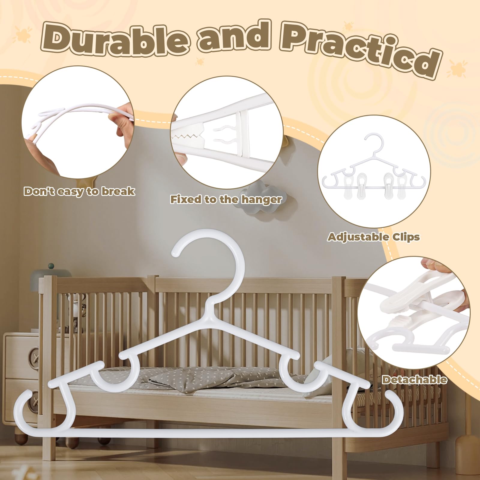 Nursery Baby Hangers with Clips, 20 Newborn Kids Plastic Clothes Hangers for Toddler Pants – with 40 Clips for Children's Clothes Packs(White,60 Packs) (60, White)