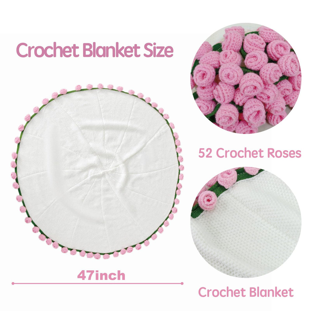 SoffMoiis 47-Inch Round Crochet Rose Flower Bouquet Blanket for Bed & Couch, Romantic Gift for Daughter Birthday, Valentine, Christmas,Mother's Day (Pink)