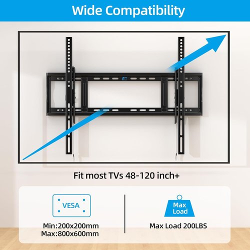 HOME VISION Heavy Duty Tilt TV Wall Mount Bracket - Supports 48-120 Inch Flat/Curved TVs, 200Lbs Capacity, Max VESA 800x600mm