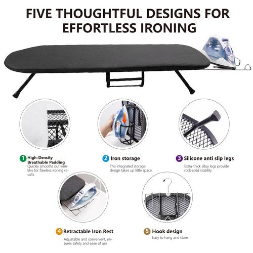 Table Top Ironing Board with Iron Holder and Wall Mount, Foldable Mine Iron Board,Portabled, Omuachip Metal Small Iriong Table Countertop for Space Saving,（No Ironing Included 39 x 12inches, Black