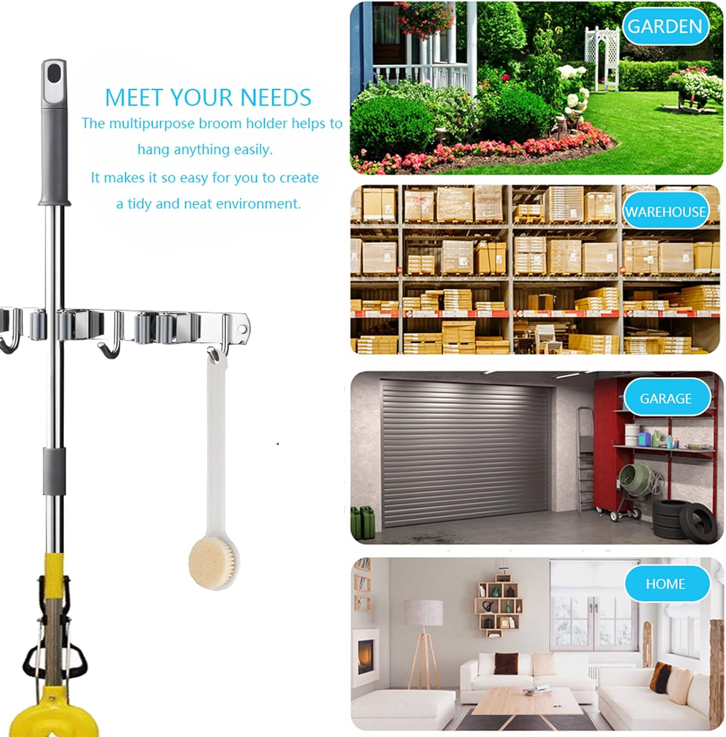 Skiennix Broom and Mop Holder - Wall Mounted Storage Rack with 2 Racks & 3 Hooks | Heavy-Duty Stainless Steel