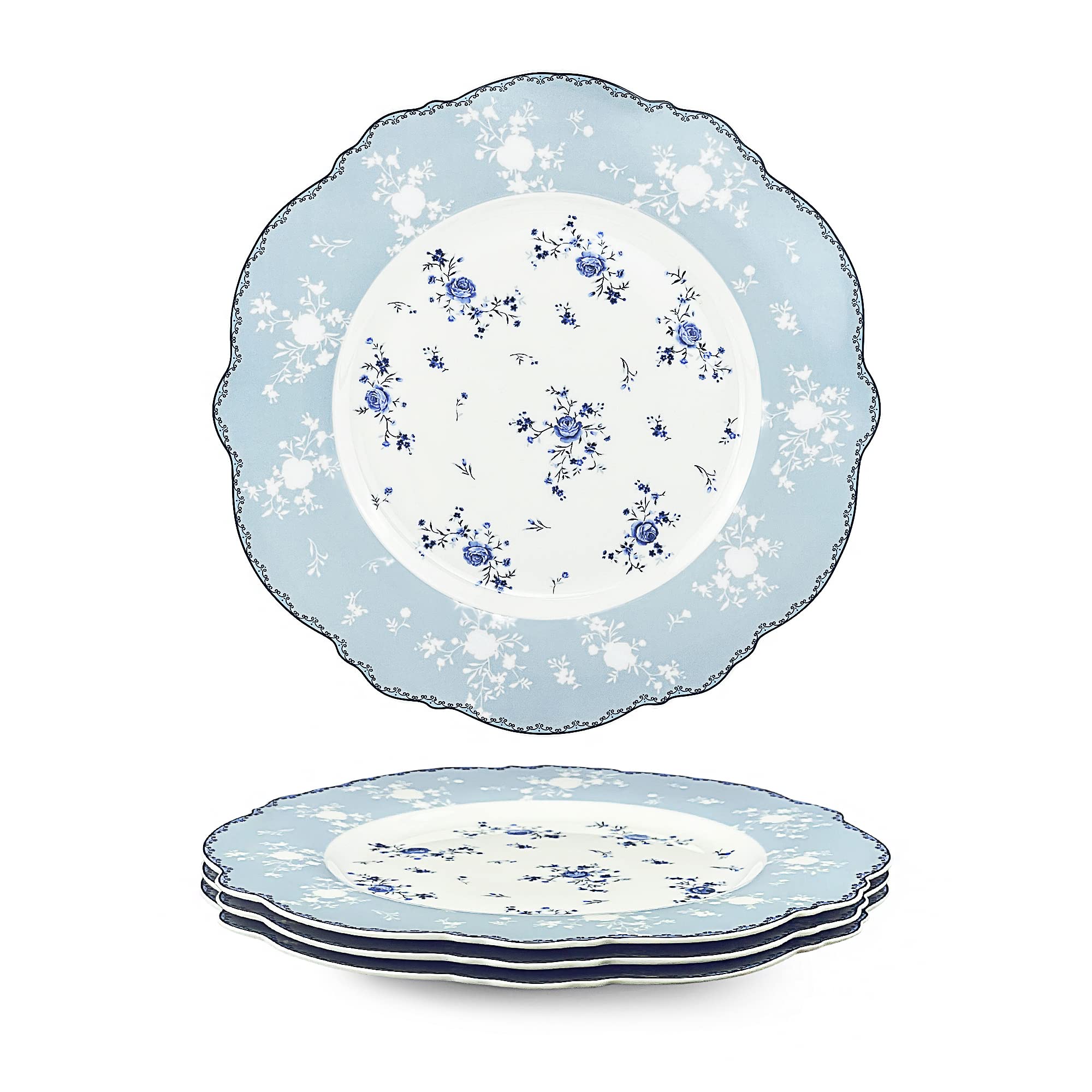 fanquare 10 Inch Porcelain Dinner Plates Set of 4, Lace Dishes Set for Salad, Pasta, Soup, Dessert, Blue Roses