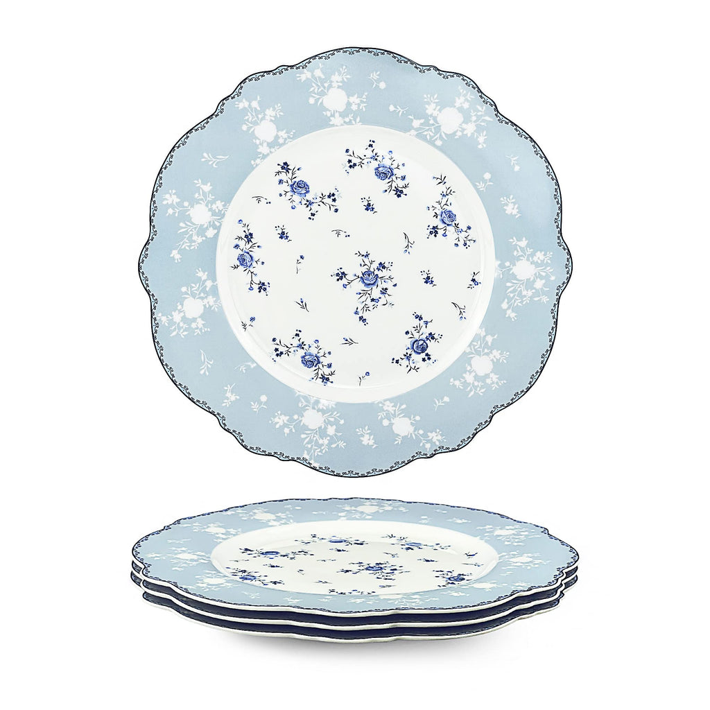 fanquare 10 Inch Porcelain Dinner Plates Set of 4, Lace Dishes Set for Salad, Pasta, Soup, Dessert, Blue Roses