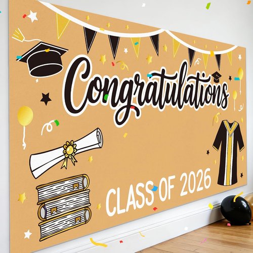 2026 Graduation Decorations | Black and Gold DIY Banner - 61 x 32 Inch Congrats Photo Backdrop