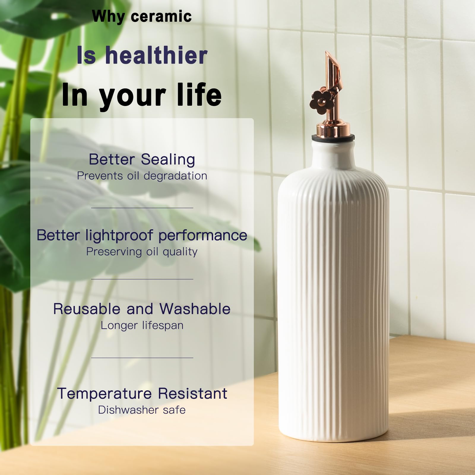 Dizada Olive Oil Dispenser Bottle Set of 2 (22 Oz + 14 Oz) - Porcelain Oil and Vinegar Bottles with Stainless Steel Spout, Ceramic Kitchen Cruet, Dishwasher Safe